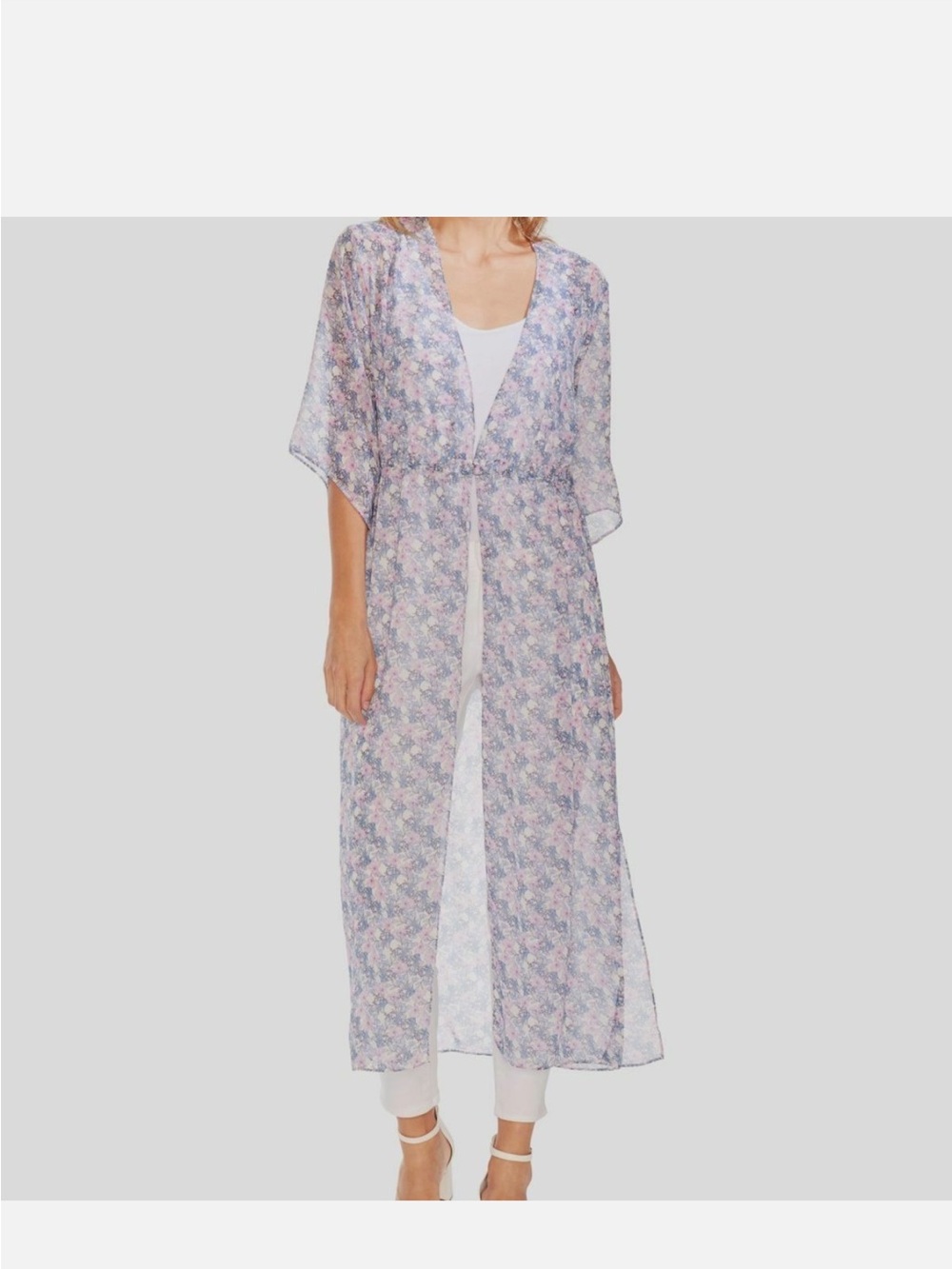 Vince Camuto Sheer Floral Maxi Kimono Robe in Pink and Blue